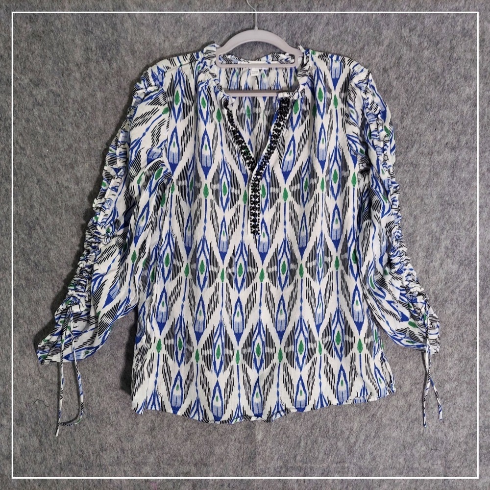Chicos‎ Blouse Women 1.5 US 10 Blue White Ikat Beaded V-Neck Ruched Sleeve Top
